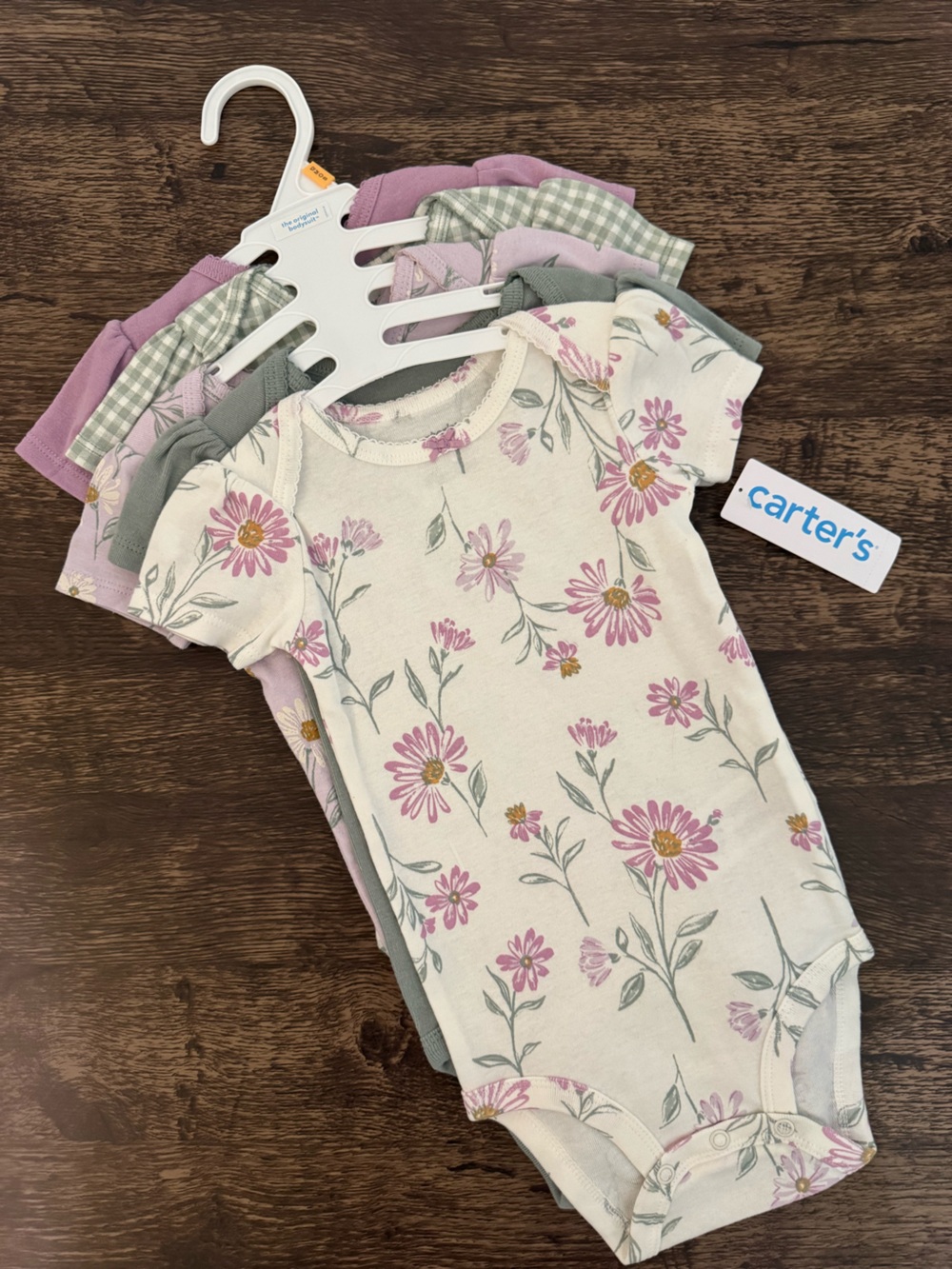 NWT Carter’s Baby Girl 5-Pack Bodysuits 12M Floral Gingham Sage Purple